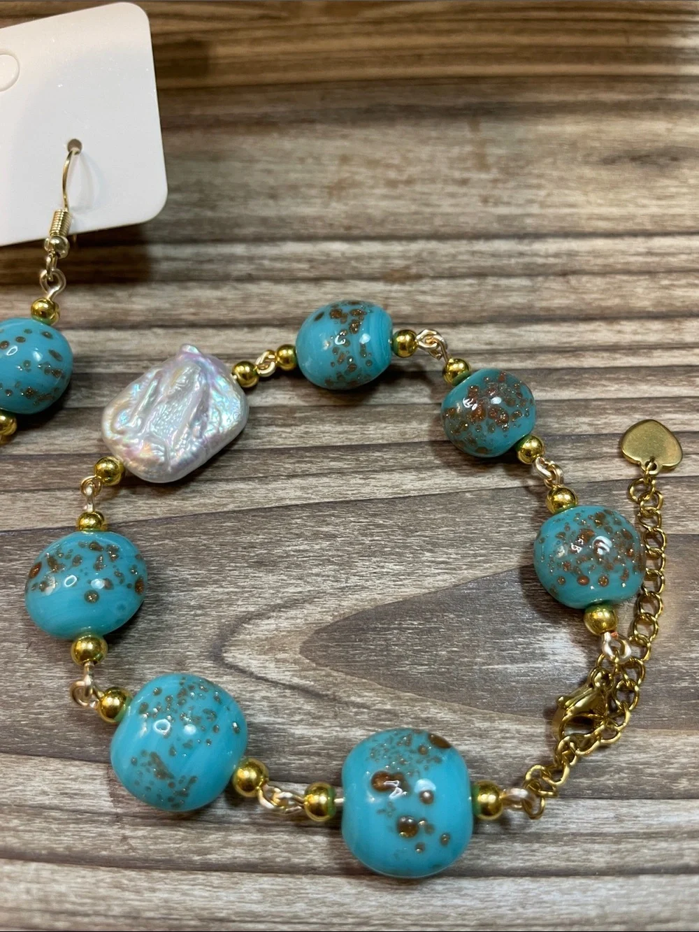 Turquoise Glass Beaded Necklace Earring Set Gold Speckled Baroque Pearl Real